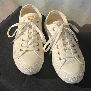 Converse All‎ Star Low Top Cream Leather Rose Gold Eyelets Sneakers Womens 8